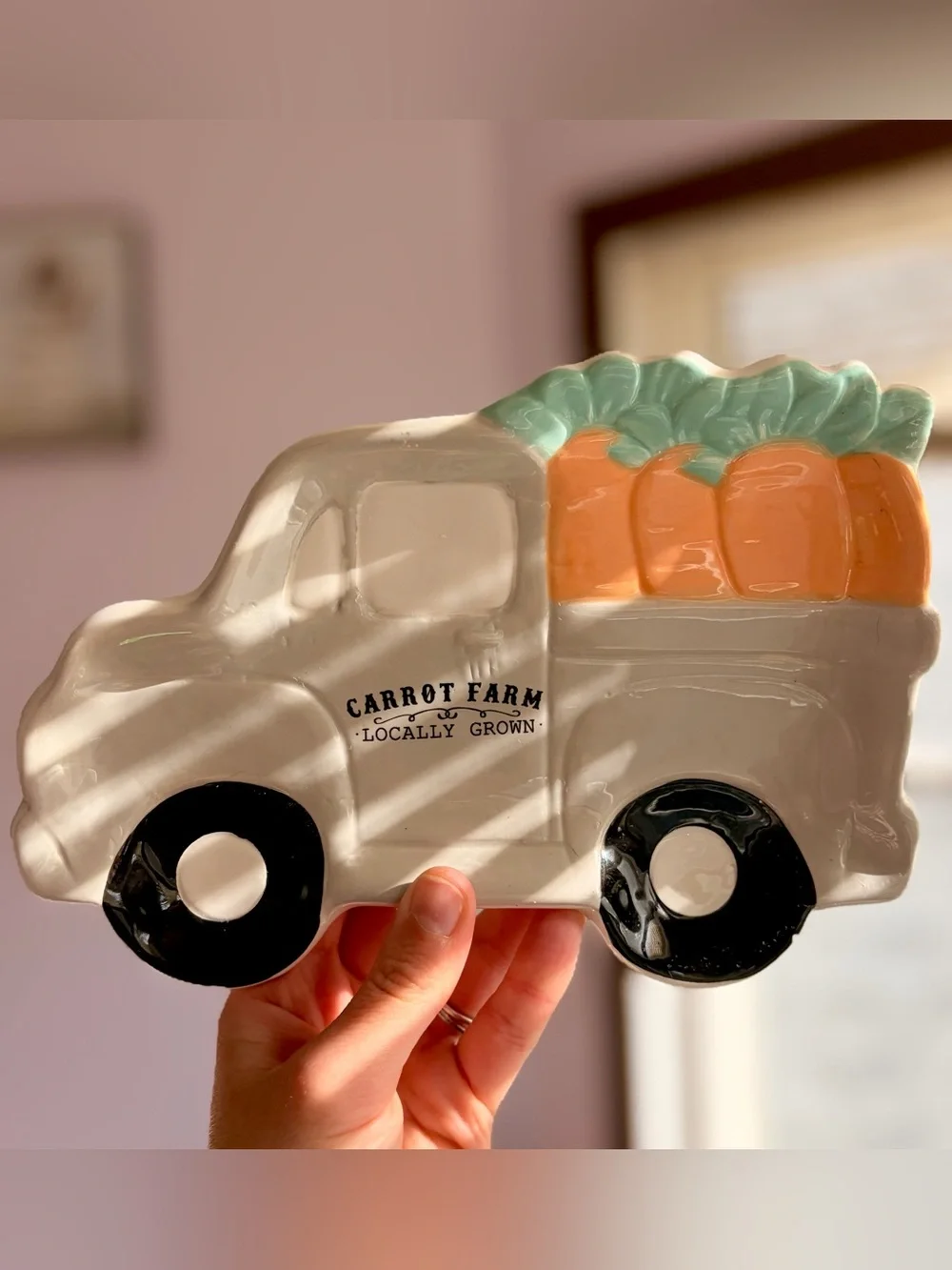 Carrot Farm Ceramic Truck Dish - White with Orange Carrots & Mint Greens